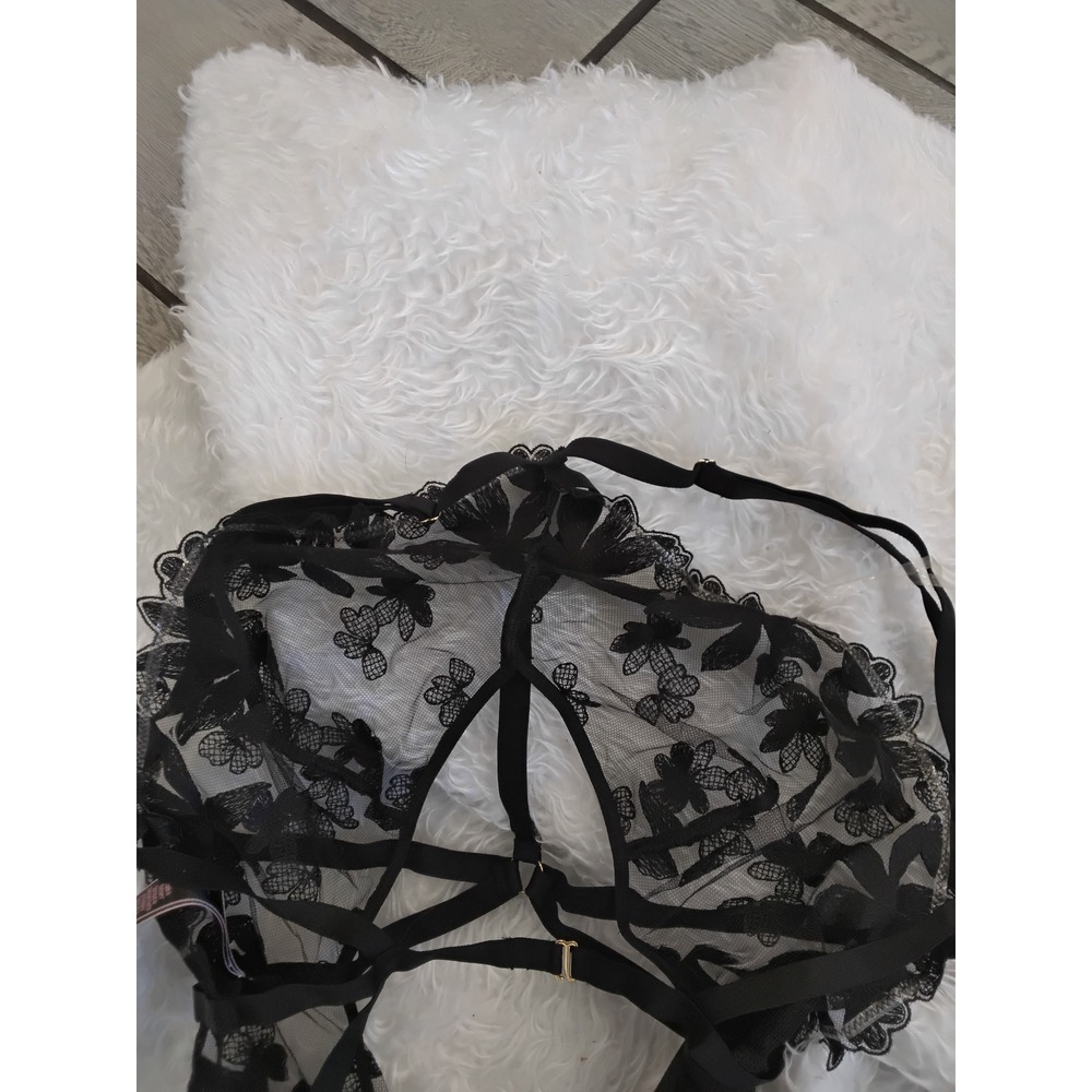 Victoria's Secret Black Floral Embroidered Mesh Strappy Teddy Bodysuit Large - Picture 4 of 5